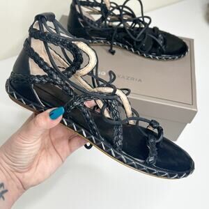 BCBGMAXAZRIA Maye Caged Lace Up Open Toe Leather Gladiator Sandal Black Womens 6
